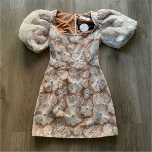 elliatt bellamy white flower sequin embellished puff sleeve mini bridal dress XS